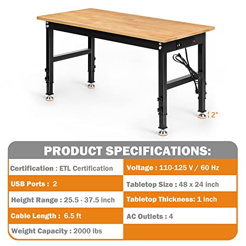 48" Heavy Duty Adjustable Rubber Wood Workbench with Pegboard V29741