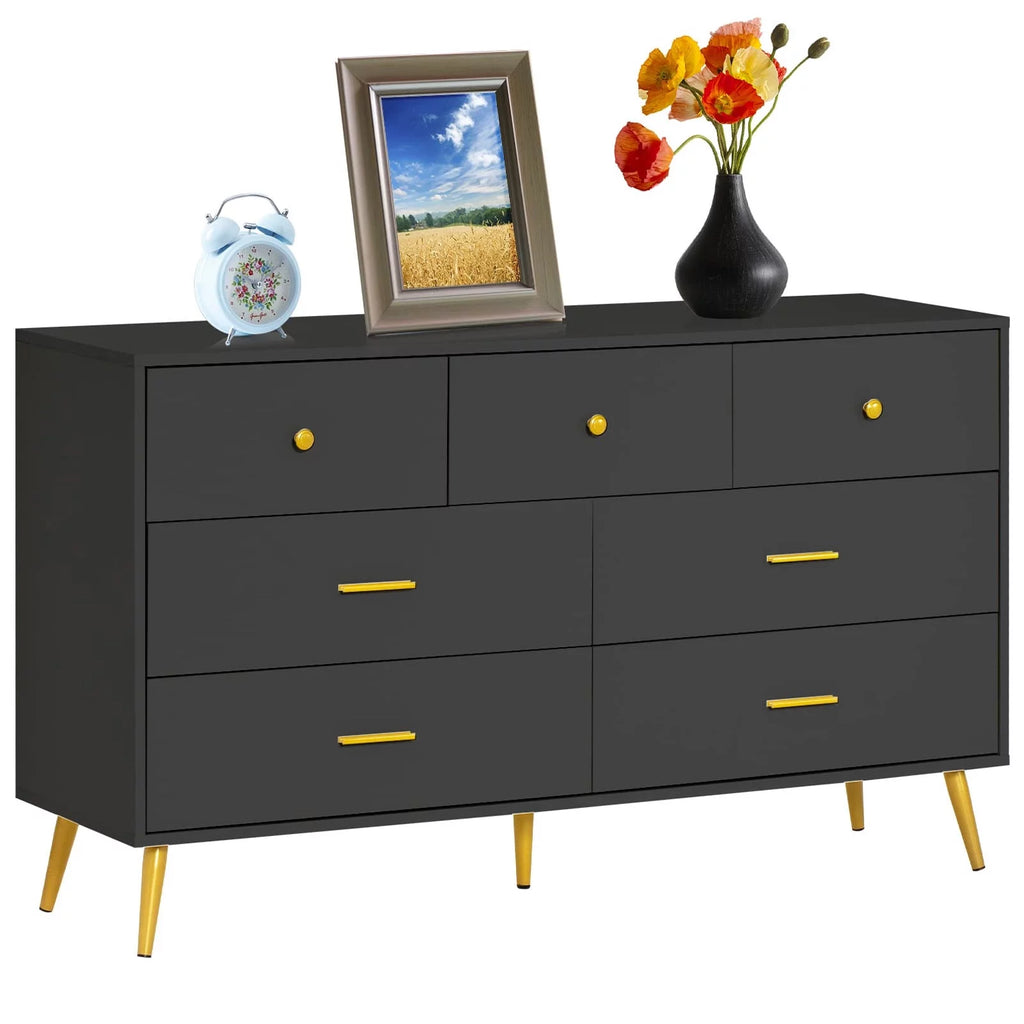 White and Gold 7 Drawer Wood Dresser R5054