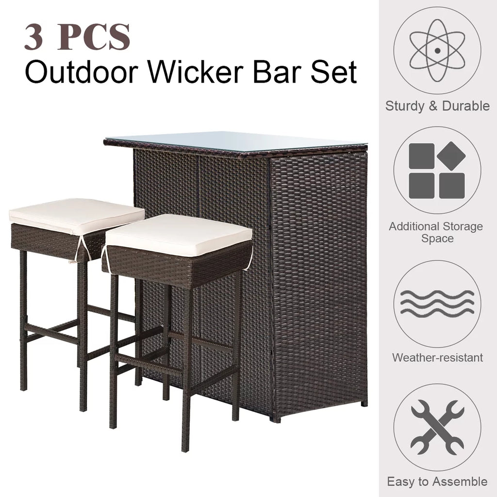 3PCS Patio Rattan Wicker Bar Table Stools Dining Set C253