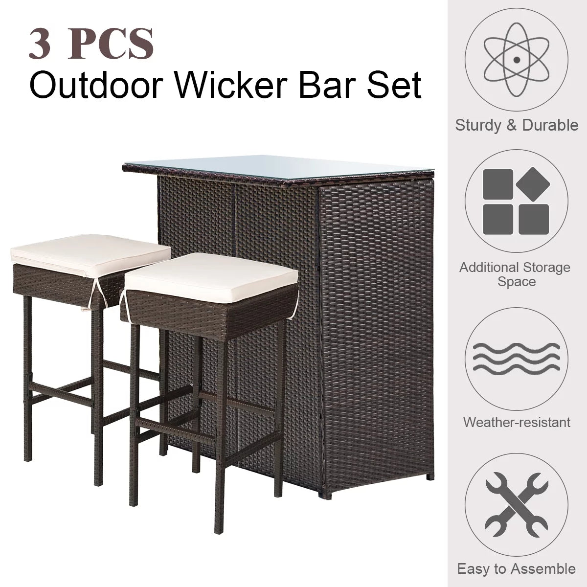 3PCS Patio Rattan Wicker Bar Table Stools Dining Set C253
