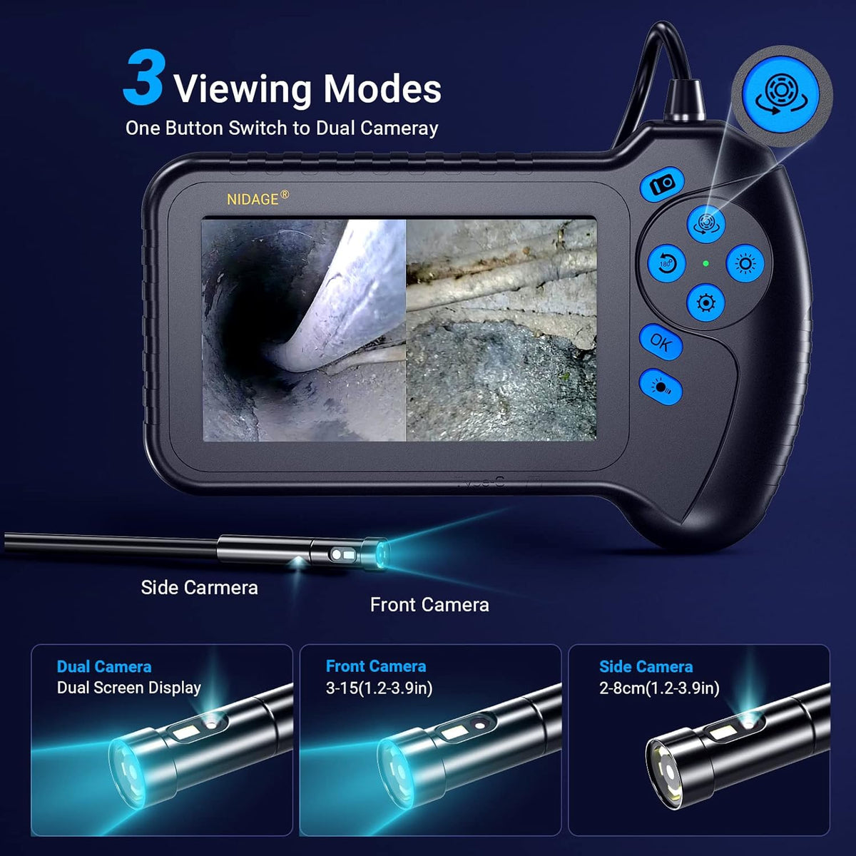 50FT Dual Lens Inspection Camera with 5 IPS Screen and 7 LED Lights M4557