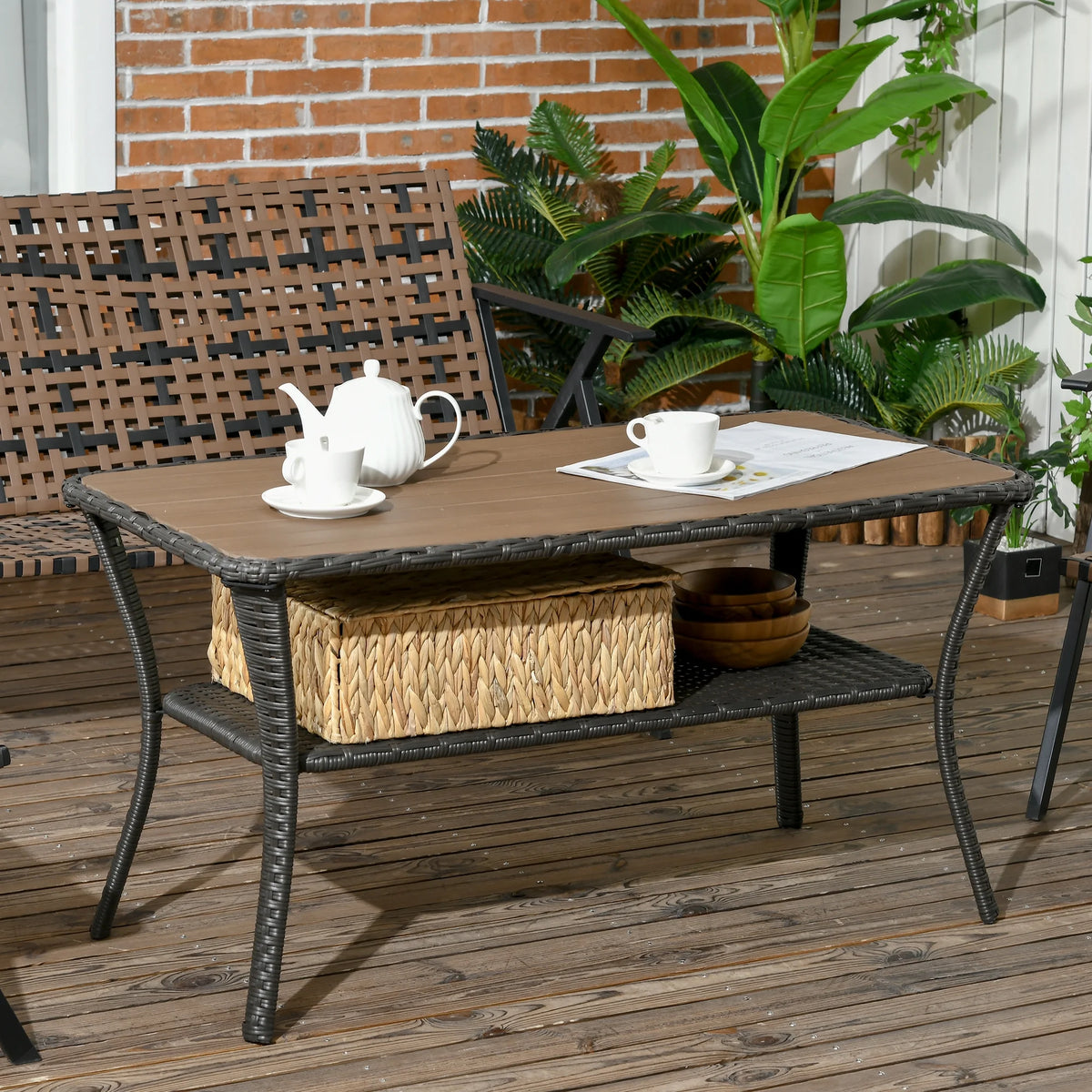 Rattan Outdoor Coffee Table with 2-Layer Storage Shelf D678