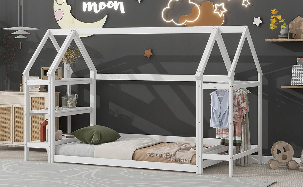 Twin House-Shaped Floor Bed Frame with 2 Detachable Stands White A733