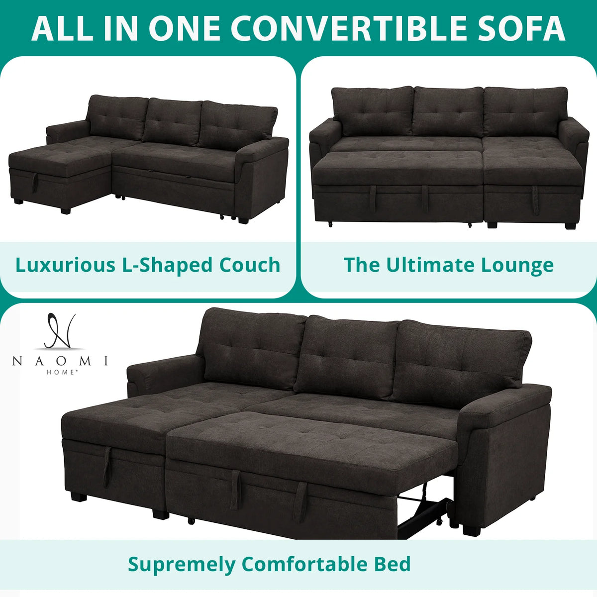 Black Air Leather L-Shaped Sleeper Sectional Sofa with Storage Chaise B331843