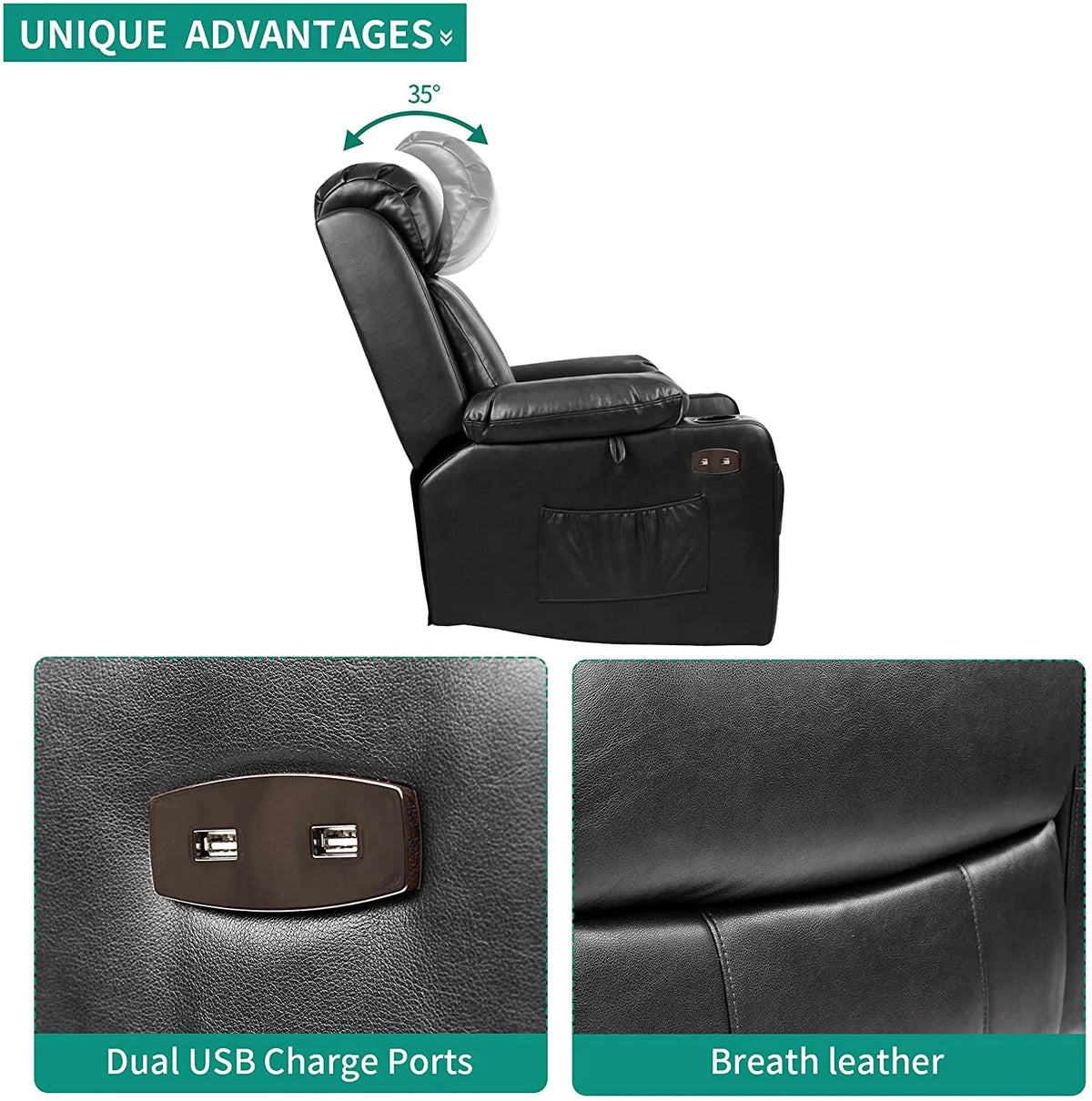 Black Faux Leather Power Lift Recliner Chair with Massage Heat T1896