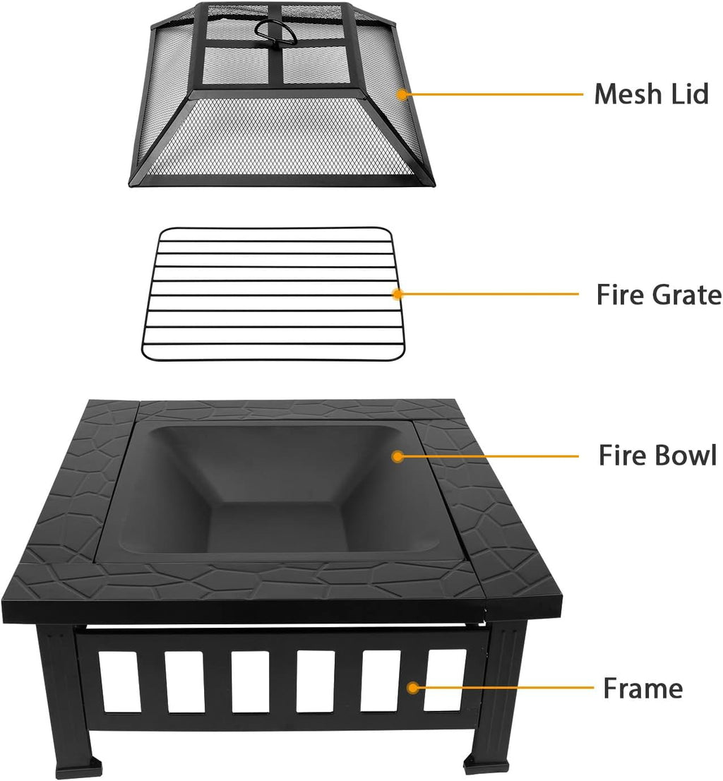 32 inch Square Metal Fire Pit Table with Spark Screen E9192
