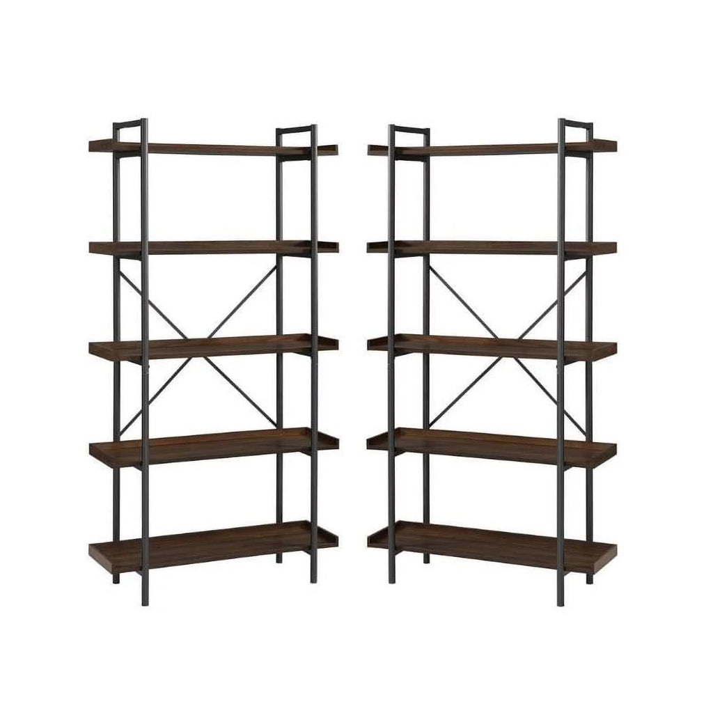 5 Shelf Dark Walnut Wood Bookshelf Set of 2 Y927