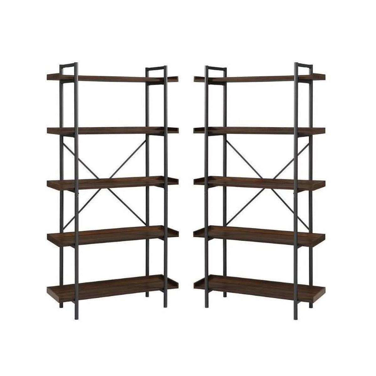 5 Shelf Dark Walnut Wood Bookshelf Set of 2 Y927