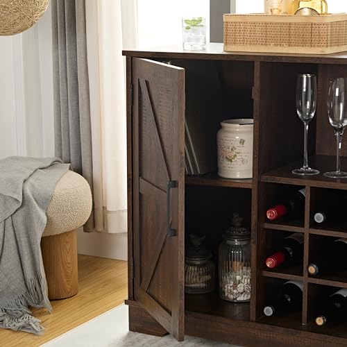 Gray Wash Coffee Bar Cabinet with Wine Rack Barn Door Buffet Sideboard D1837
