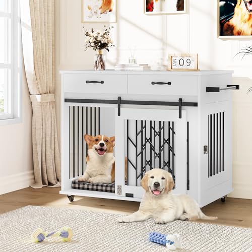 Brown Wooden Double Dog Crate with Storage Drawers T263439