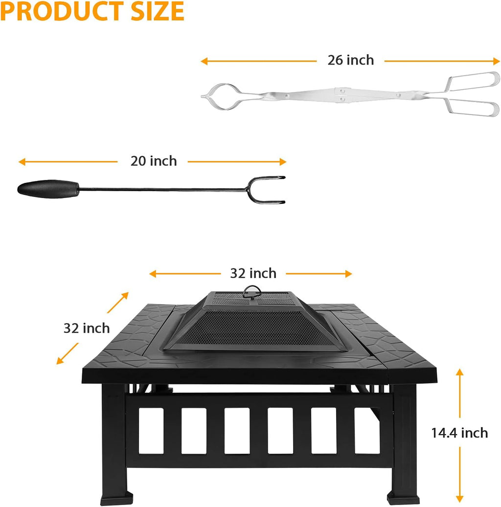 32 inch Square Metal Fire Pit Table with Spark Screen E9192