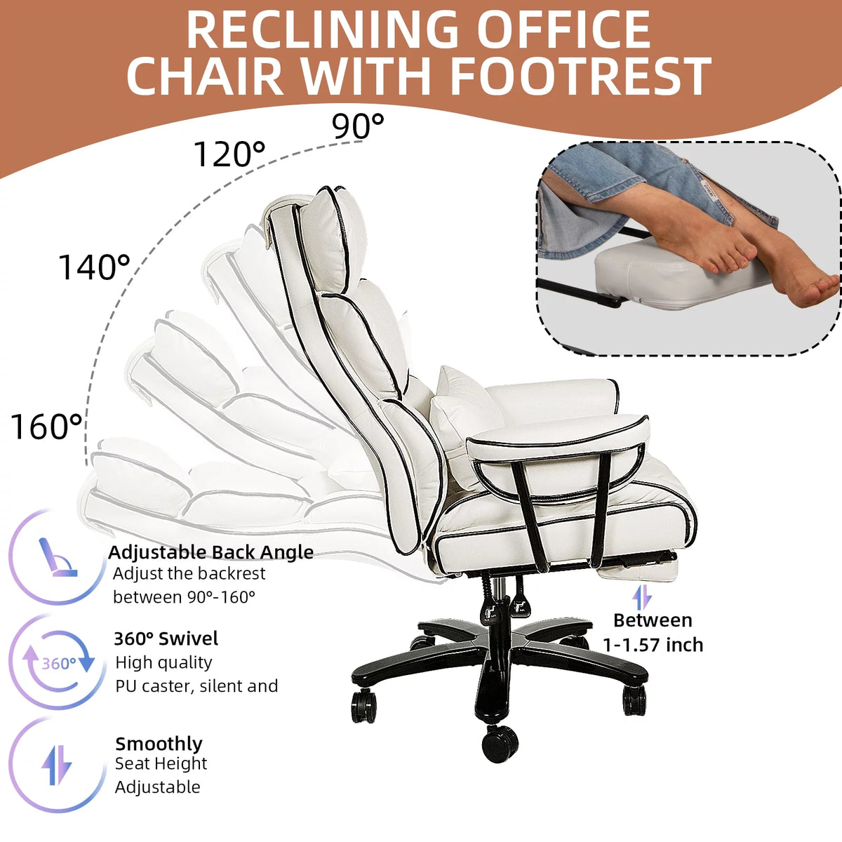 Big and Tall Ergonomic PU Leather Reclining Office Chair with Footrest M4539