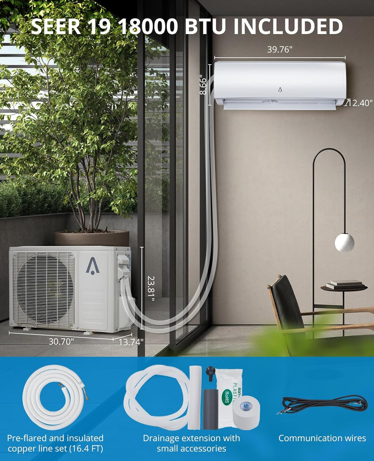 18000 BTU Smart Mini Split AC/Heating System 19 SEER Inverter Air Conditioner with Heat Pump Q12140