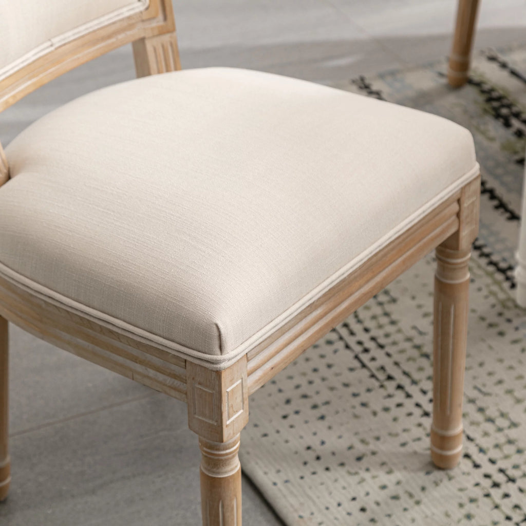 French Style Solid Wood Frame Linen Fabric Rattan Back Dining Chair Set Of 2 P727