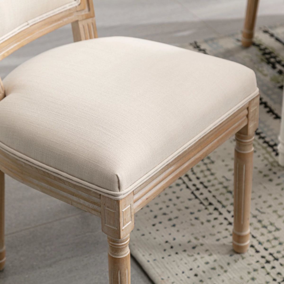 French Style Solid Wood Frame Linen Fabric Rattan Back Dining Chair Set Of 2 P727