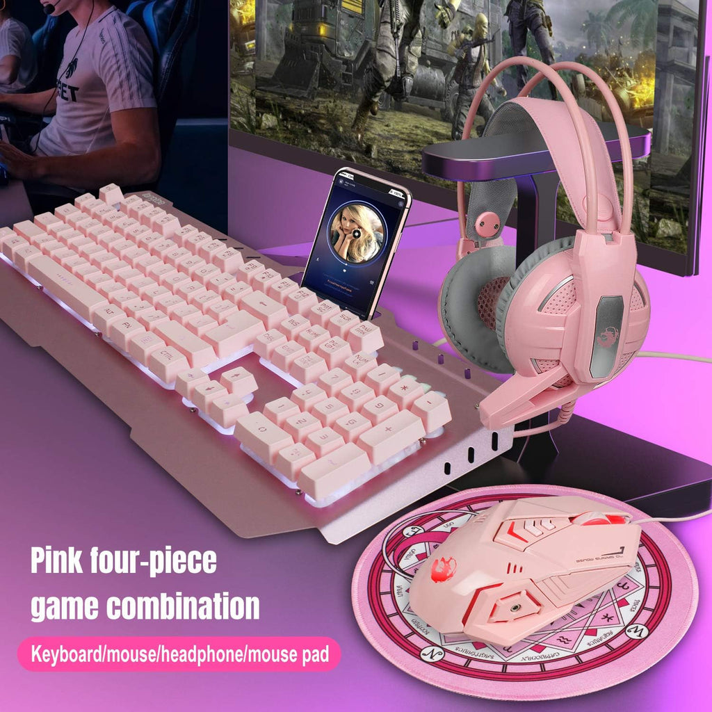 Pink 4-in-1 Gaming Keyboard Mouse Headset Combo, White Led Backlit 104 Keys Ergonomic Gamer Keyboard, 4800DPI Optical Game Mouse, 3.5mm Stereo Headset Z683117