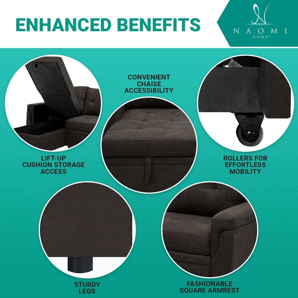 Black Air Leather L-Shaped Sleeper Sectional Sofa with Storage Chaise B331843