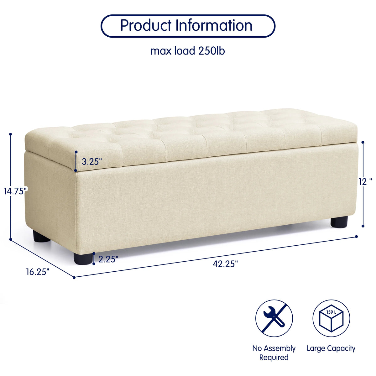 Beige Linen Fabric Storage Ottoman Bench W65327