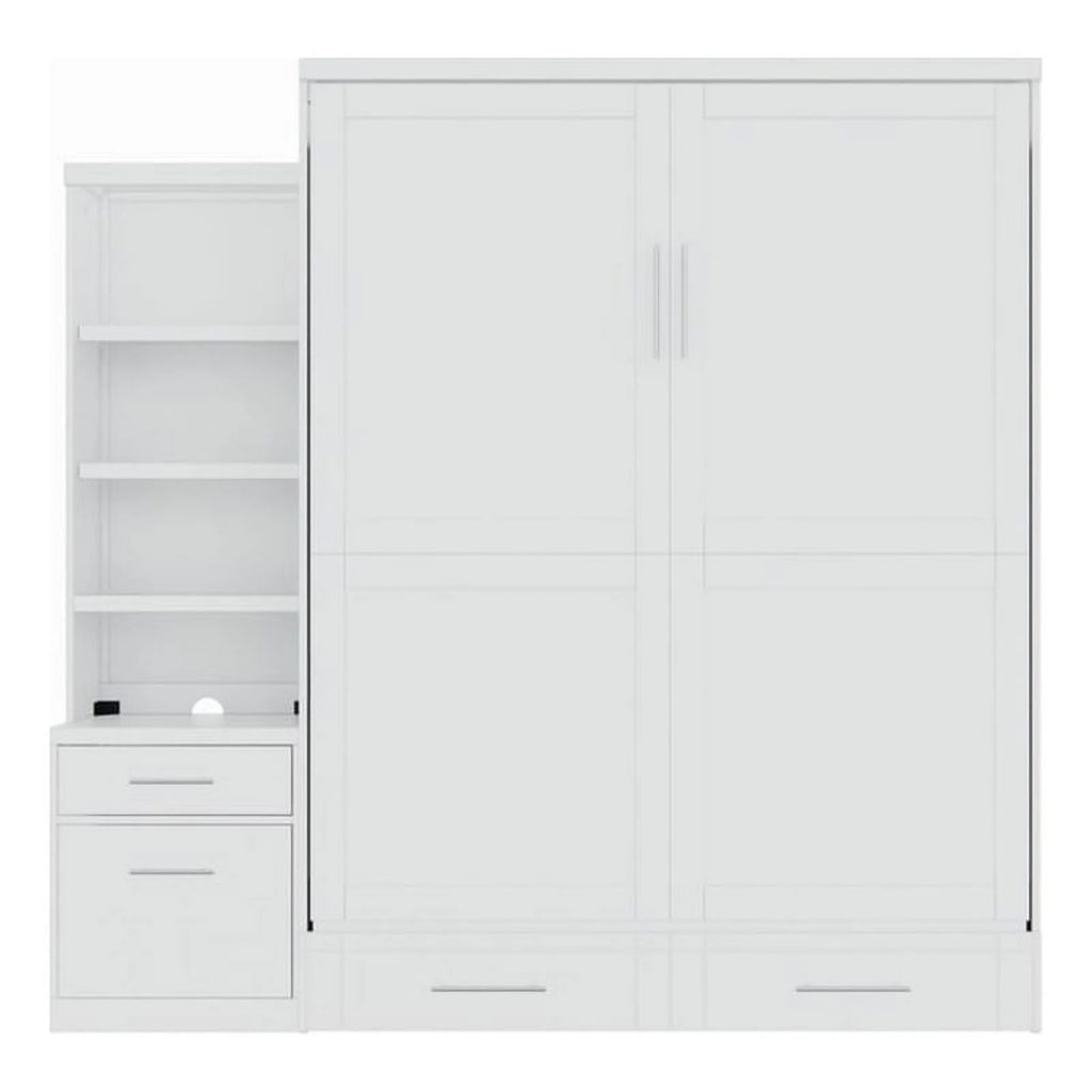 Queen Solid Wood Murphy Wall Bed with Storage Piers White N59805