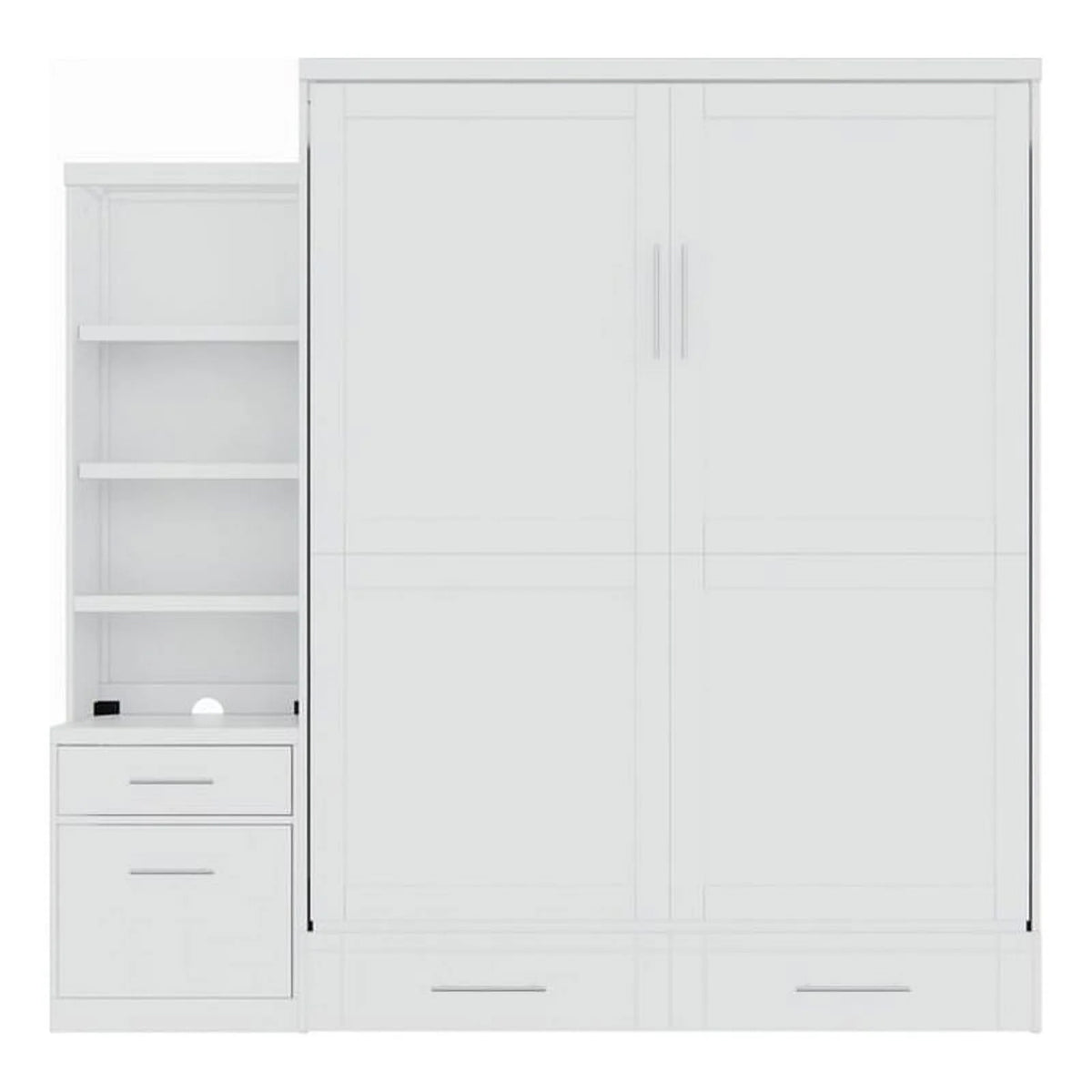 Queen Solid Wood Murphy Wall Bed with Storage Piers White N59805