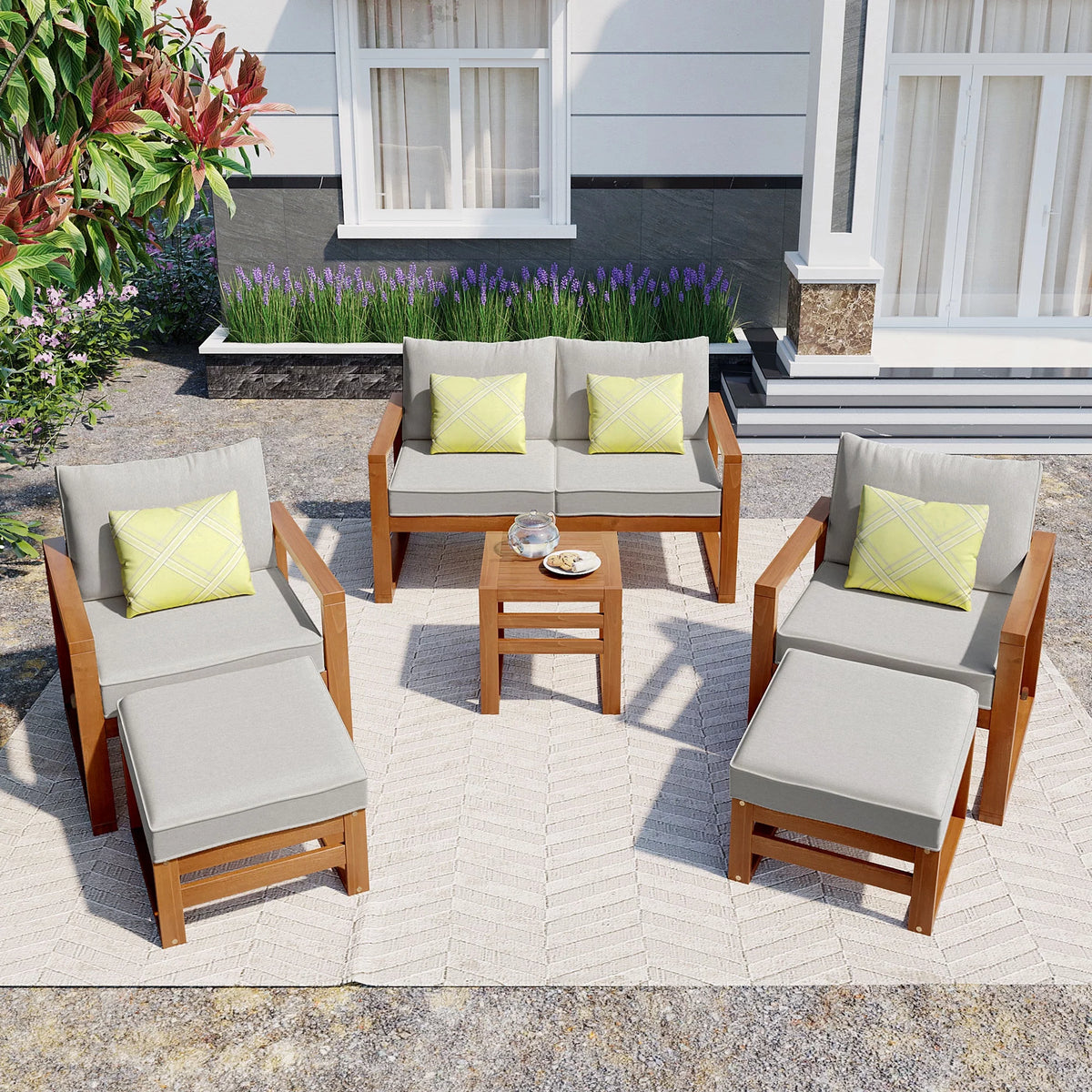 6 Piece Solid Wood Patio Furniture Set with Gray Cushions K194