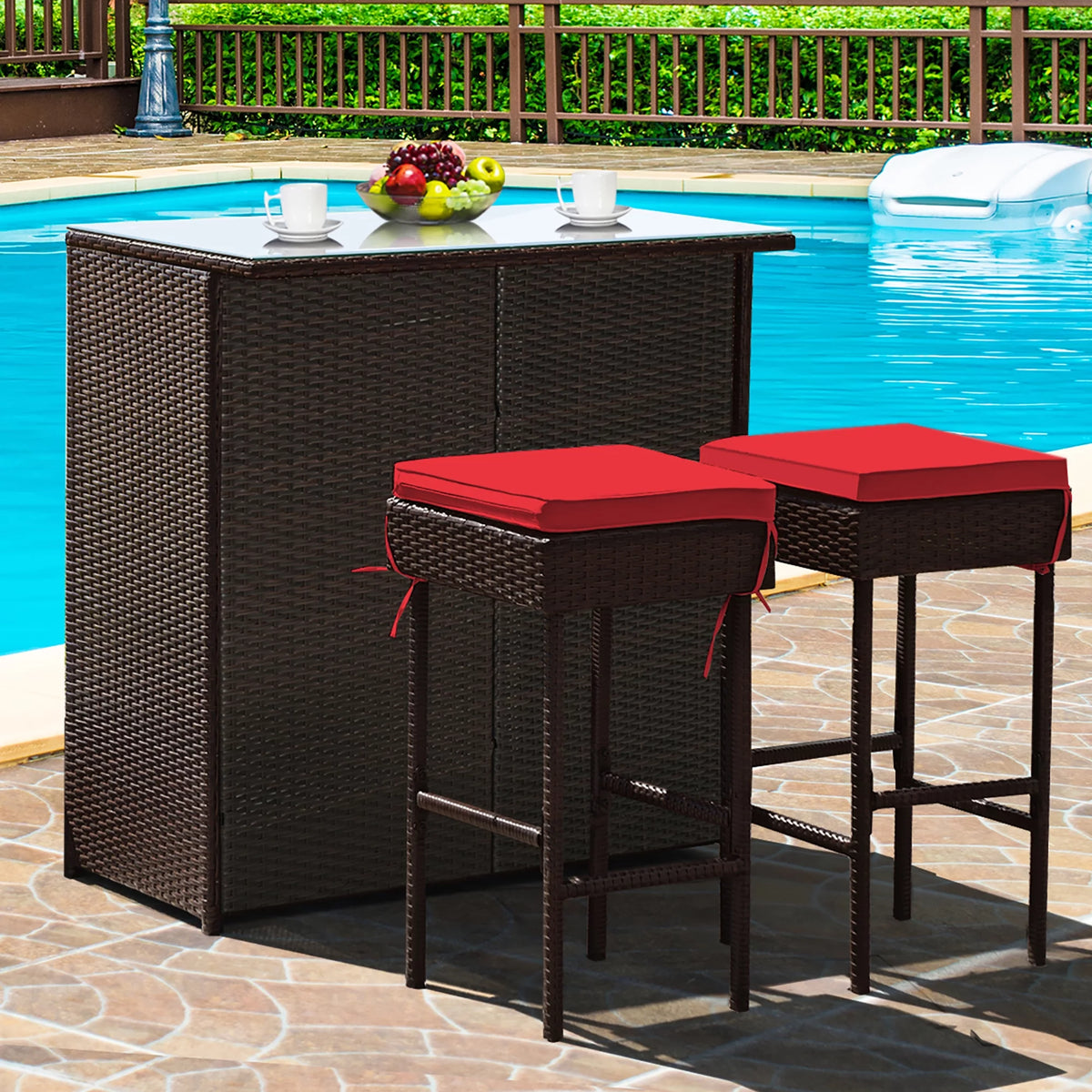 3PCS Patio Rattan Wicker Bar Table Stools Dining Set C253