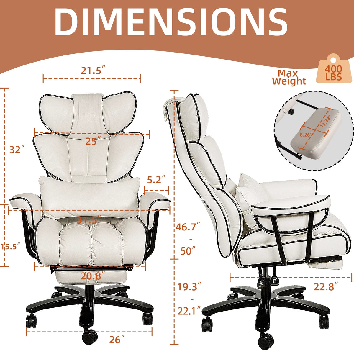 Big and Tall Ergonomic PU Leather Reclining Office Chair with Footrest M4539