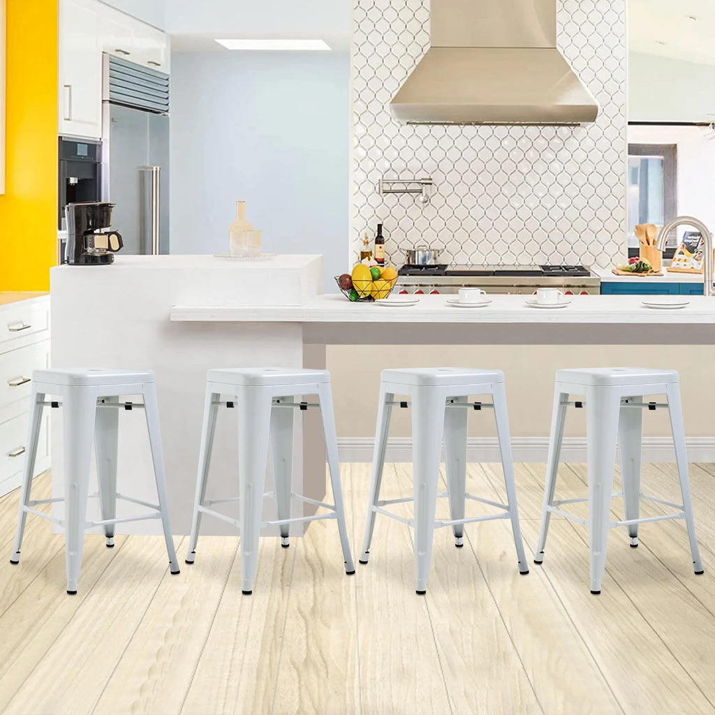 Metal Bar Stools Set of 4, 24 inch White Stackable Backless Counter Height L575003