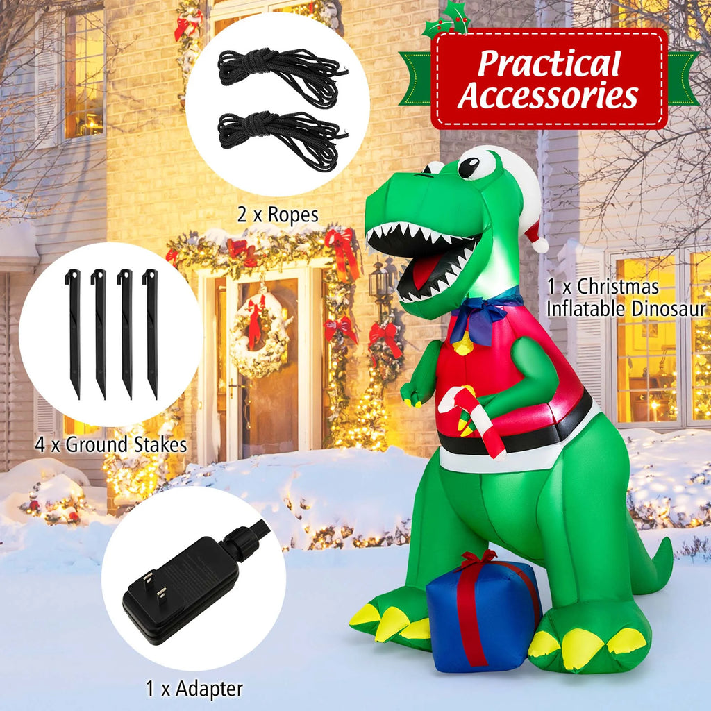 6FT Inflatable Christmas Dinosaur Decoration with LED Lights & Gift Box P95675