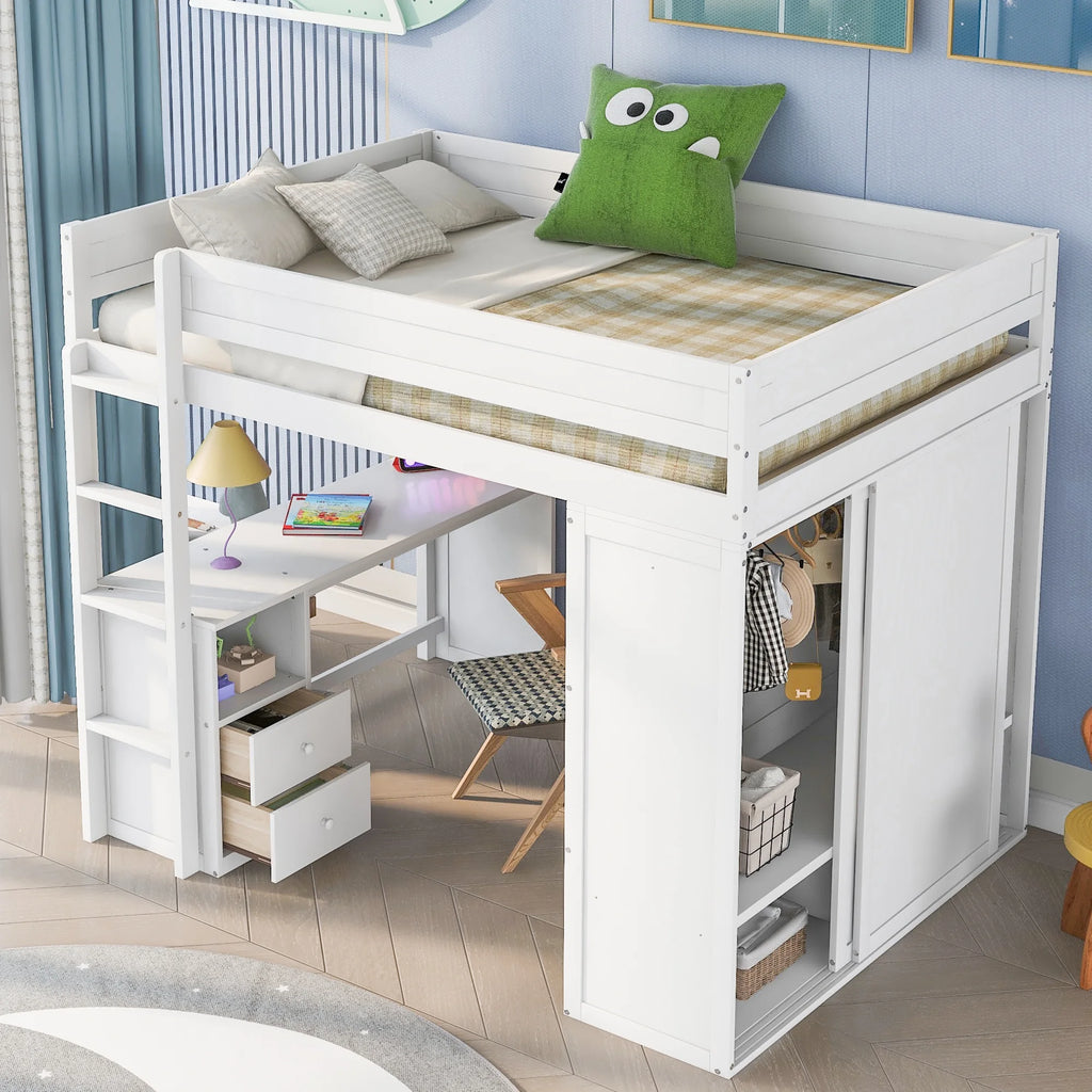 Wood Full Size Loft Bed with Wardrobes and Desk V736