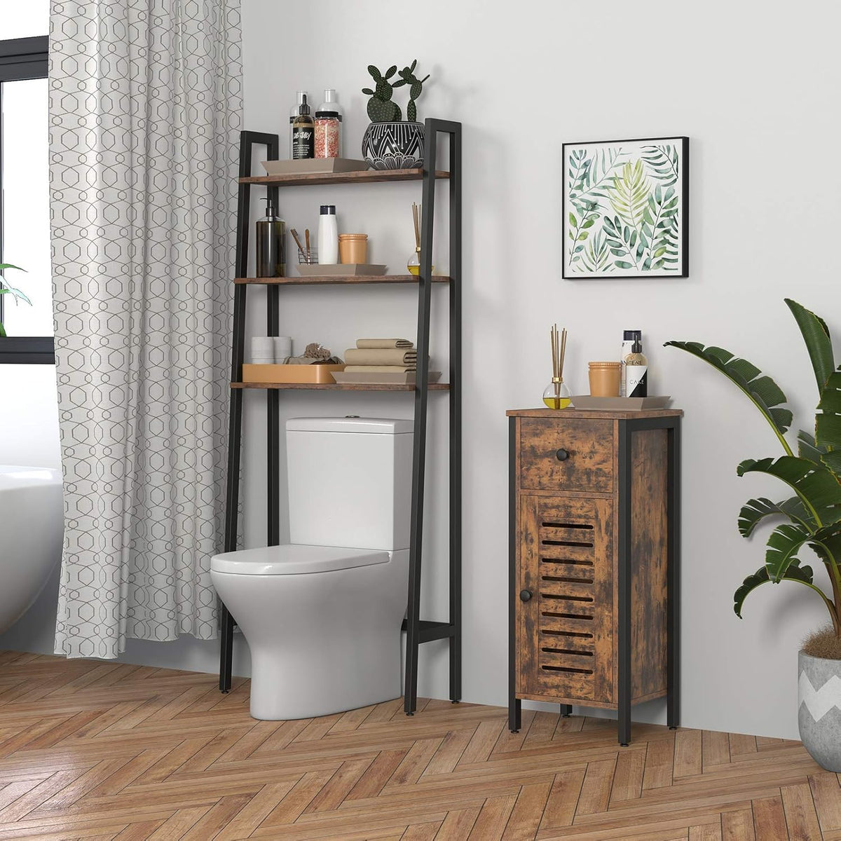 Rustic Brown Storage Cabinet with Drawer and Height-Adjustable Shelves O2690