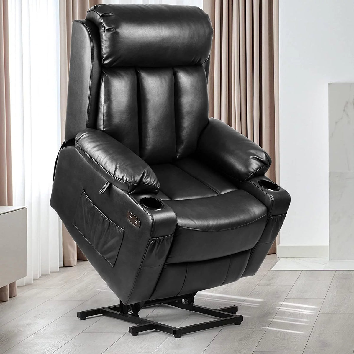Black Faux Leather Power Lift Recliner Chair with Massage Heat T1896