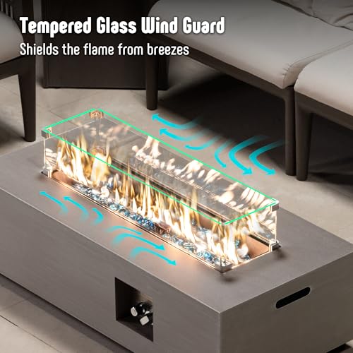 Propane Fire Pit Table Set with Tank Holder, 50,000 BTU Outdoor Firepit Table, Wind Guard & Glass Stones, Rectangular Fire Table T36931