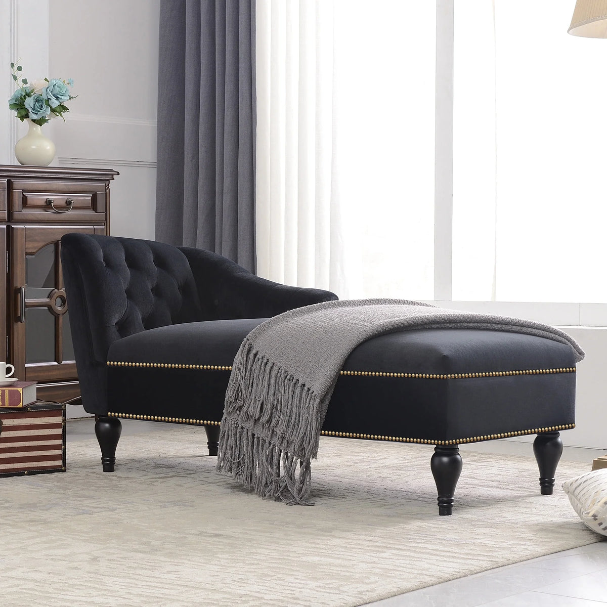 Black Velvet Button Tufted Chaise Lounge A565
