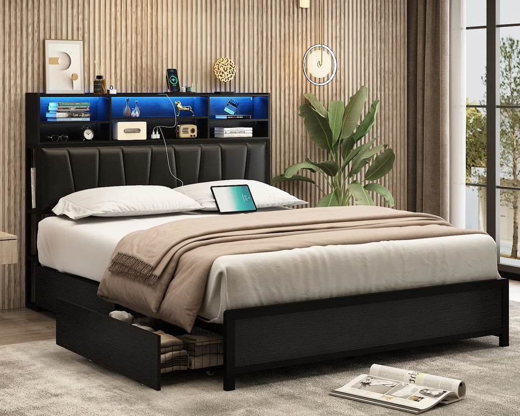 White Queen Size LED Platform Storage Bed Frame with Charging Station H99596