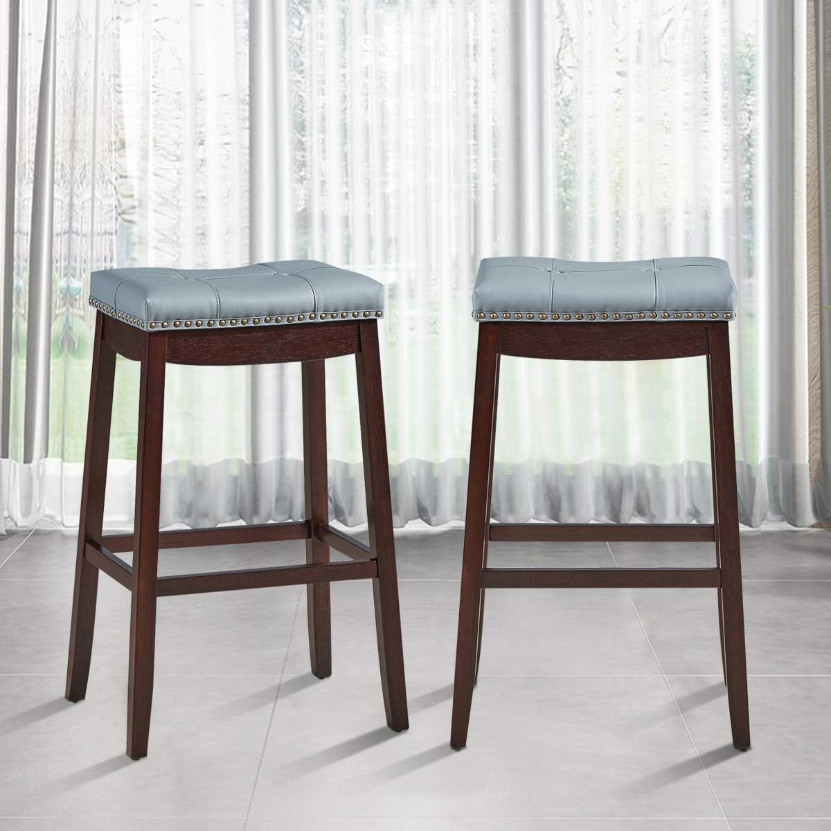Set of 2 Solid Wood Legs Bar Stools with Gray PU Cushion Q67468