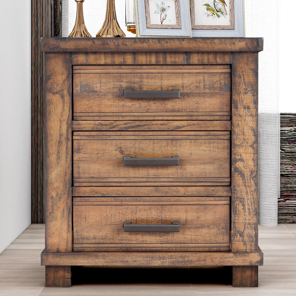 Solid Wood Nightstand with Three Drawers B837401