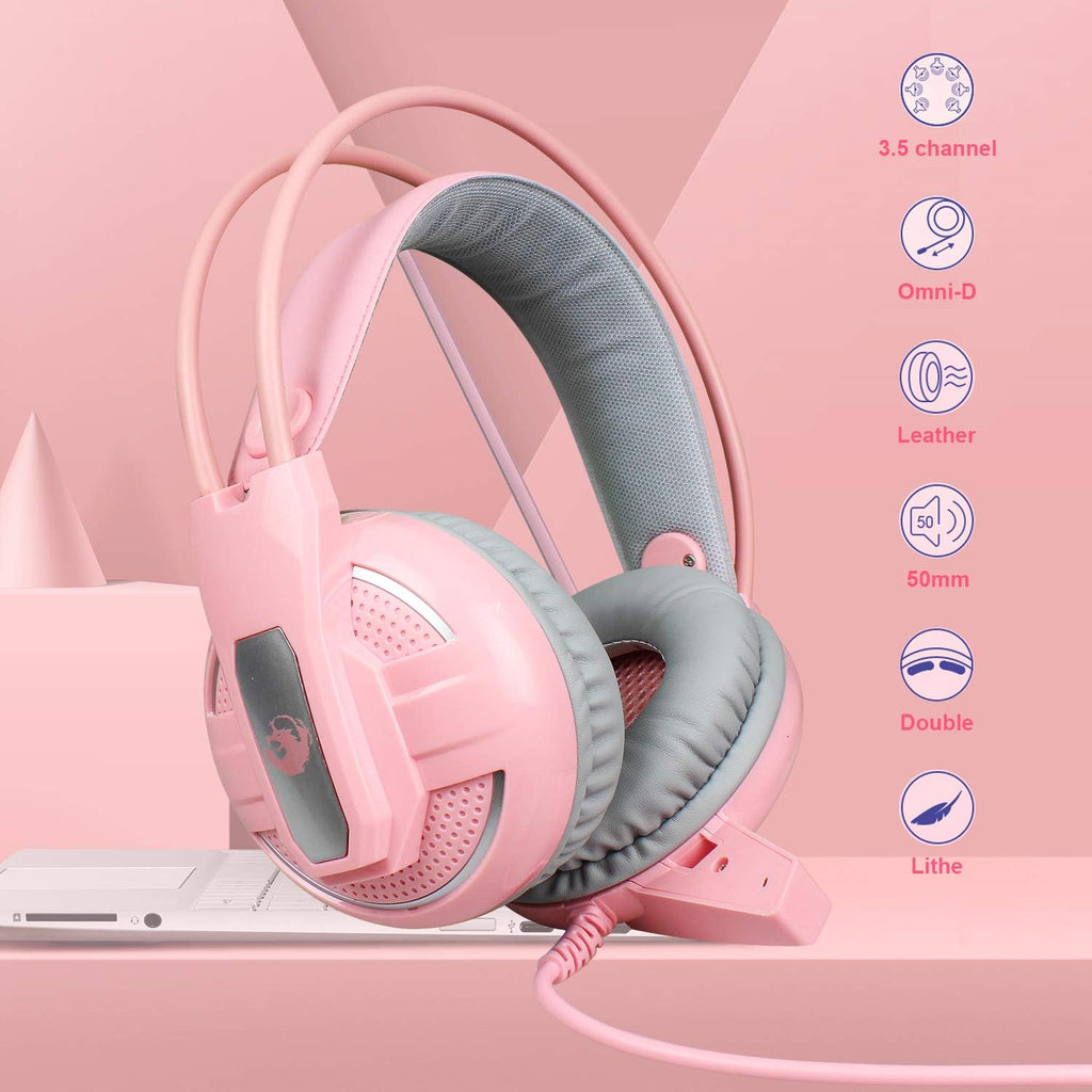 Pink 4-in-1 Gaming Keyboard Mouse Headset Combo, White Led Backlit 104 Keys Ergonomic Gamer Keyboard, 4800DPI Optical Game Mouse, 3.5mm Stereo Headset Z683117