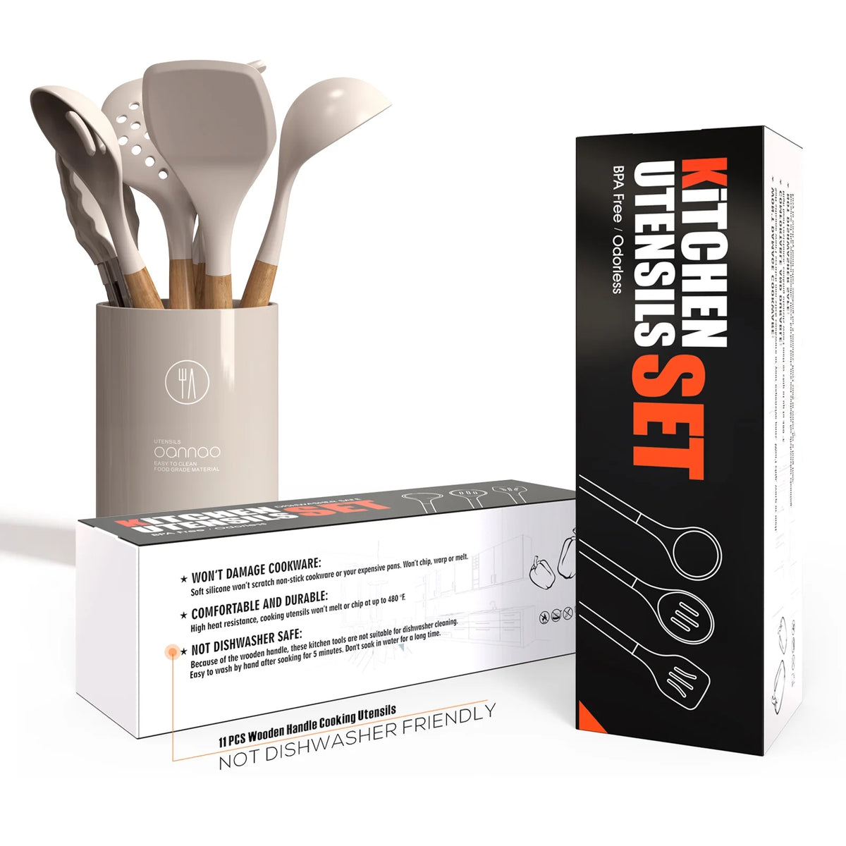 Silicone Cooking Utensils Set Wooden Handles Non-Stick Cookware X1150