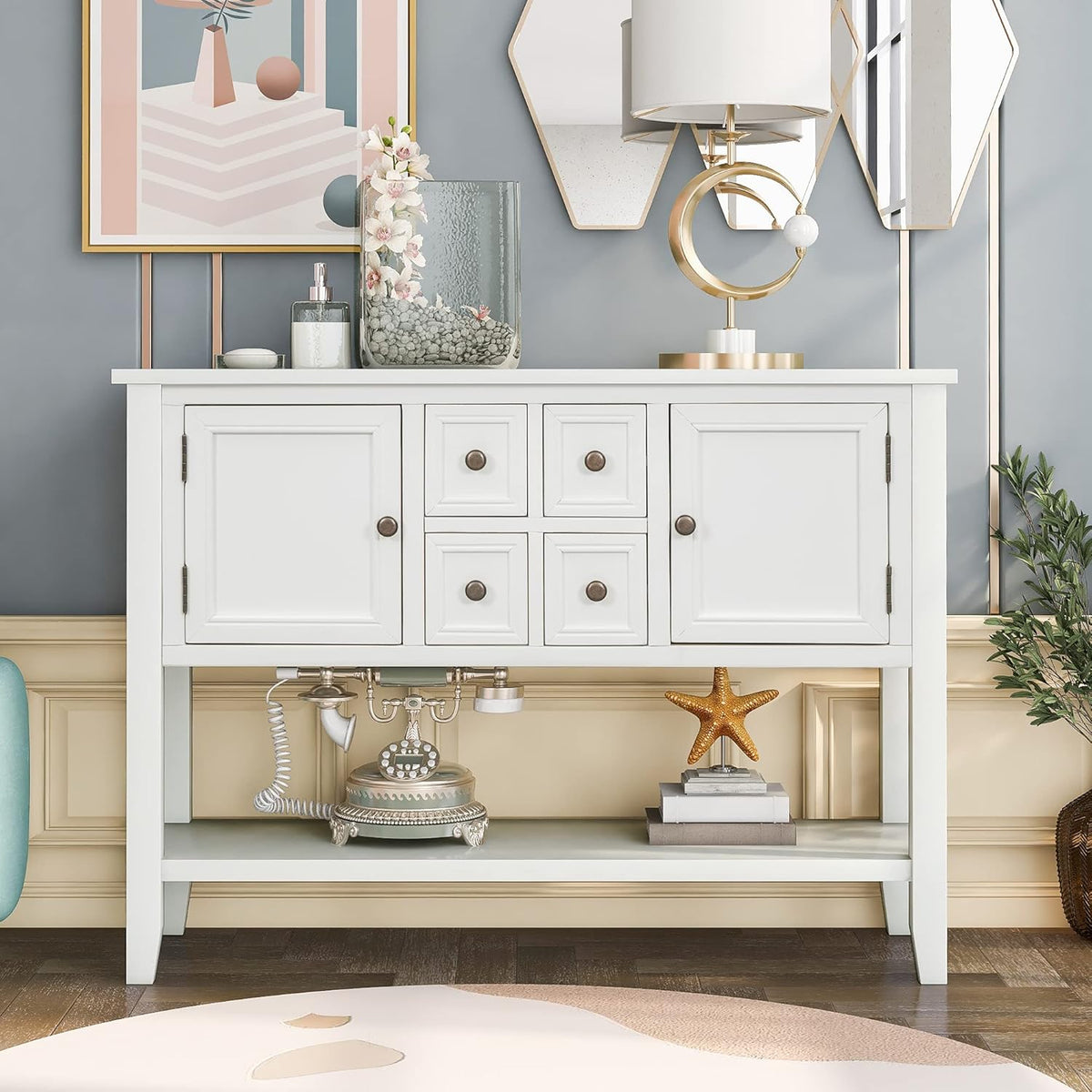 Solid Wood Console Table 3 Drawers 2 Cabinet 1 Shelf P558407
