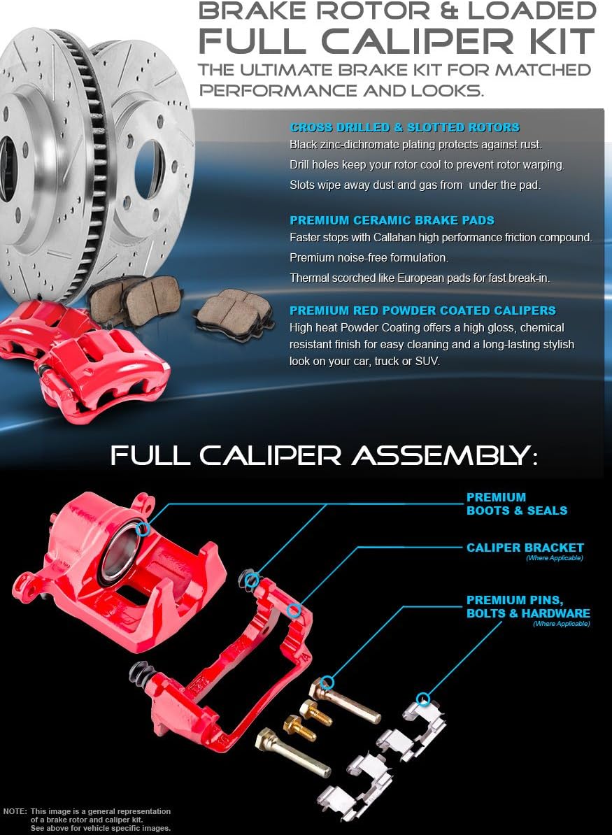 Red Powder Coated Calipers Drilled Slotted Rotors Ceramic Pads Q861149