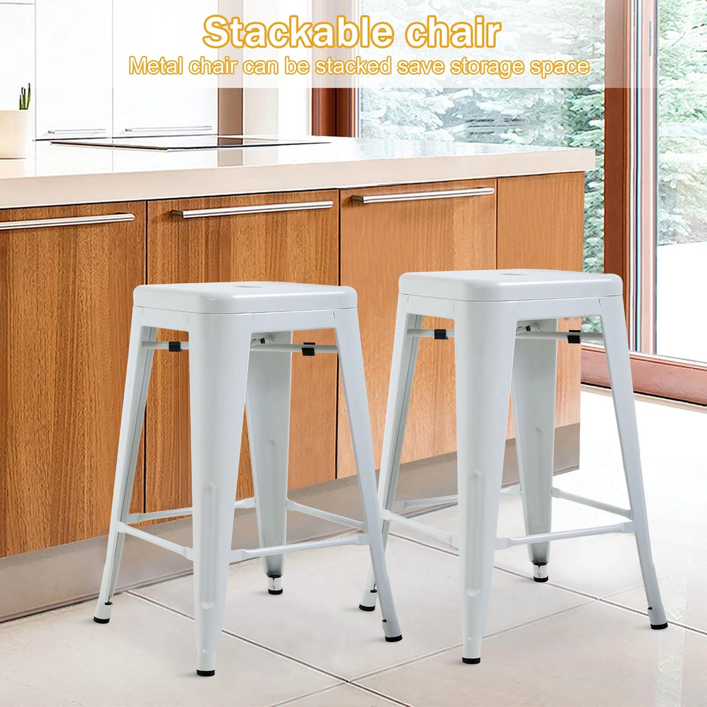 Metal Bar Stools Set of 4, 24 inch White Stackable Backless Counter Height L575003
