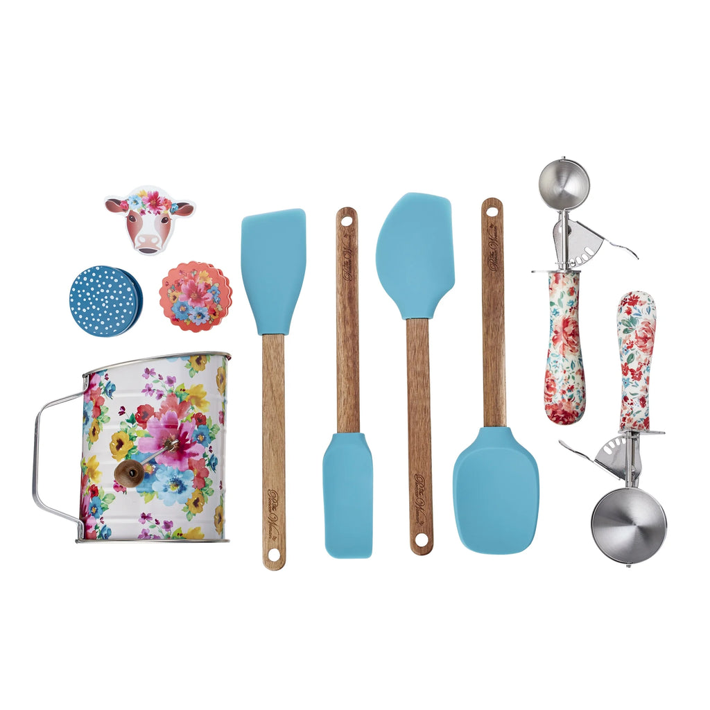 10-Piece Baking Tools Set with Sifter, Scoops, Spatulas, and Clips, Red P56447