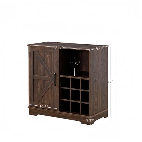 Gray Wash Coffee Bar Cabinet with Wine Rack Barn Door Buffet Sideboard D1837