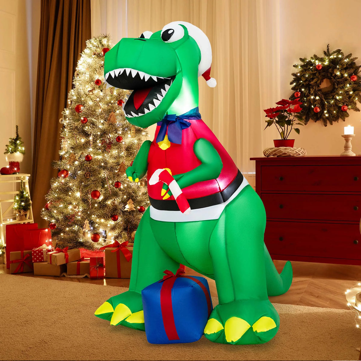 6FT Inflatable Christmas Dinosaur Decoration with LED Lights & Gift Box P95675
