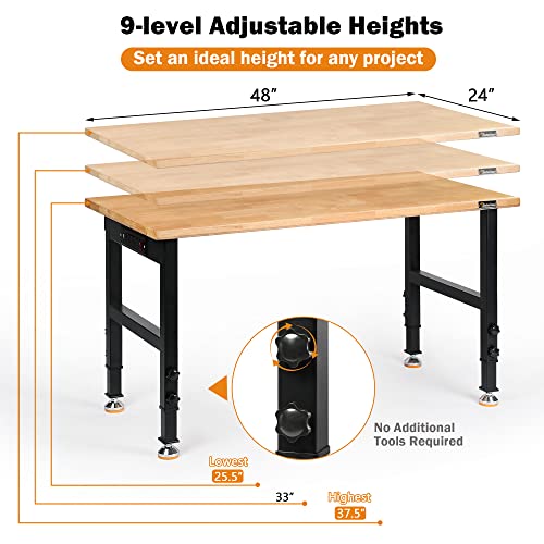 48" Heavy Duty Adjustable Rubber Wood Workbench with Pegboard V29741