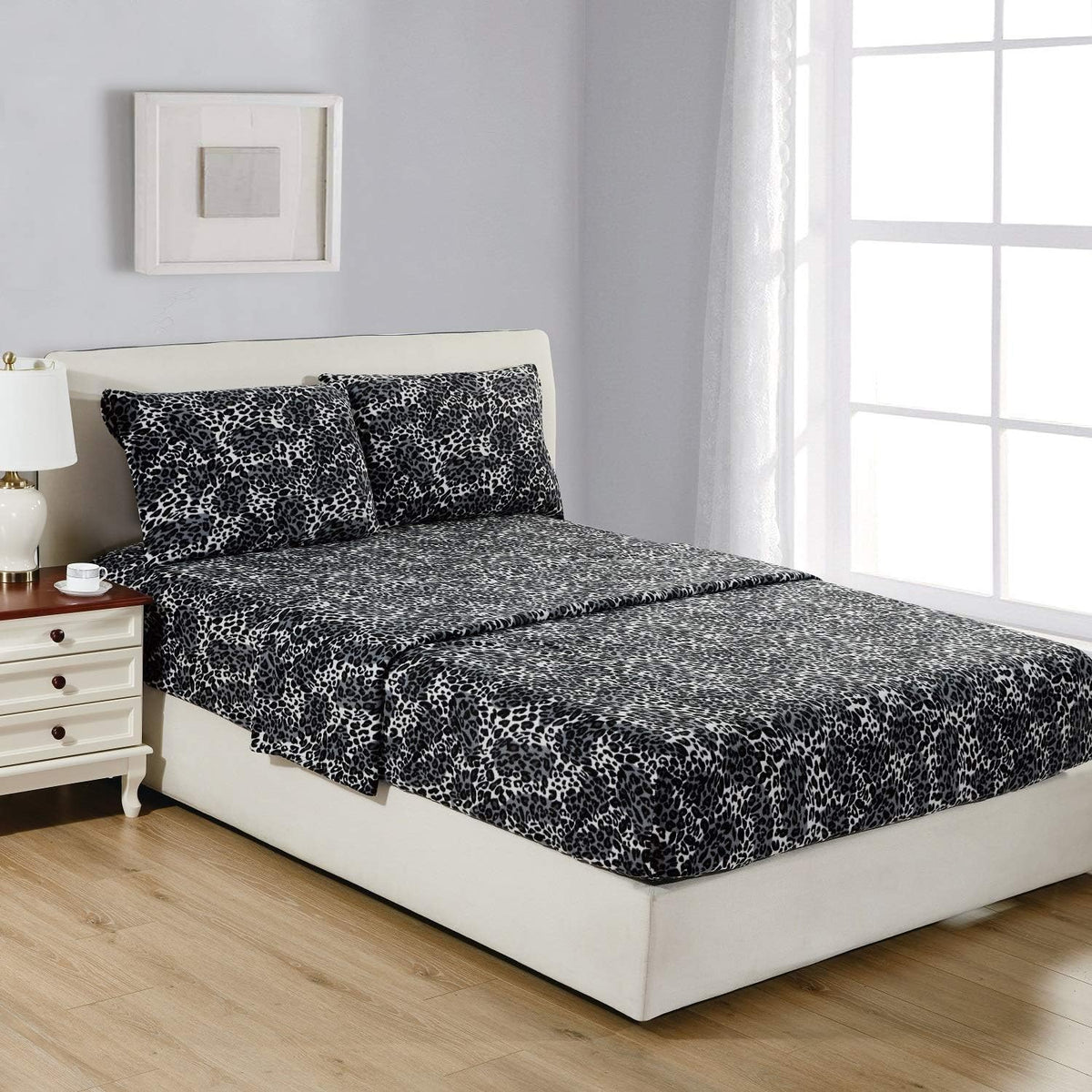 Leopard Full Polar Fleece Microfiber Bed Sheet Set, 4 Pcs E784