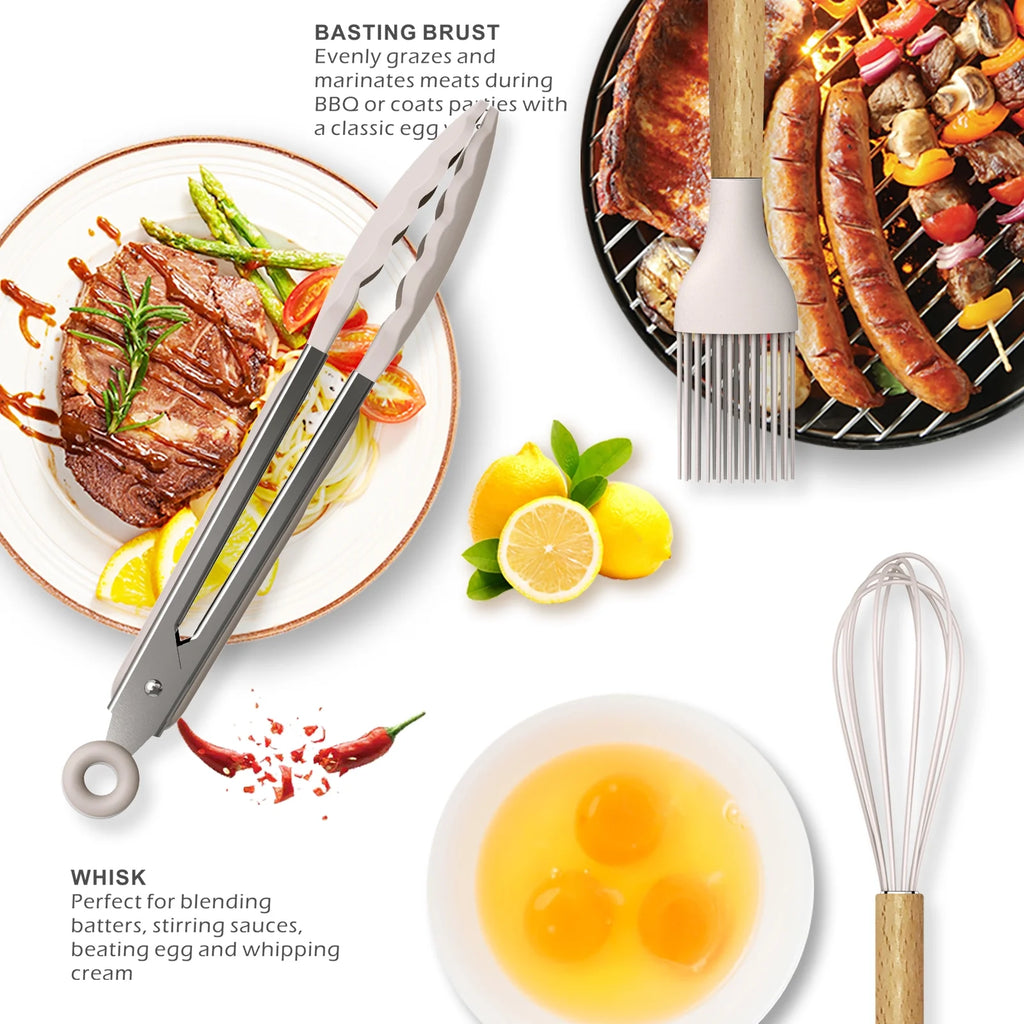 Silicone Cooking Utensils Set Wooden Handles Non-Stick Cookware X1150