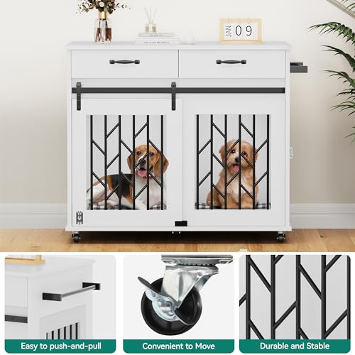 Brown Wooden Double Dog Crate with Storage Drawers T263439