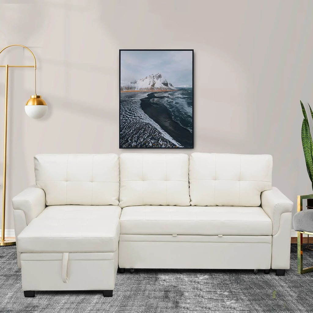 Black Air Leather L-Shaped Sleeper Sectional Sofa with Storage Chaise B331843